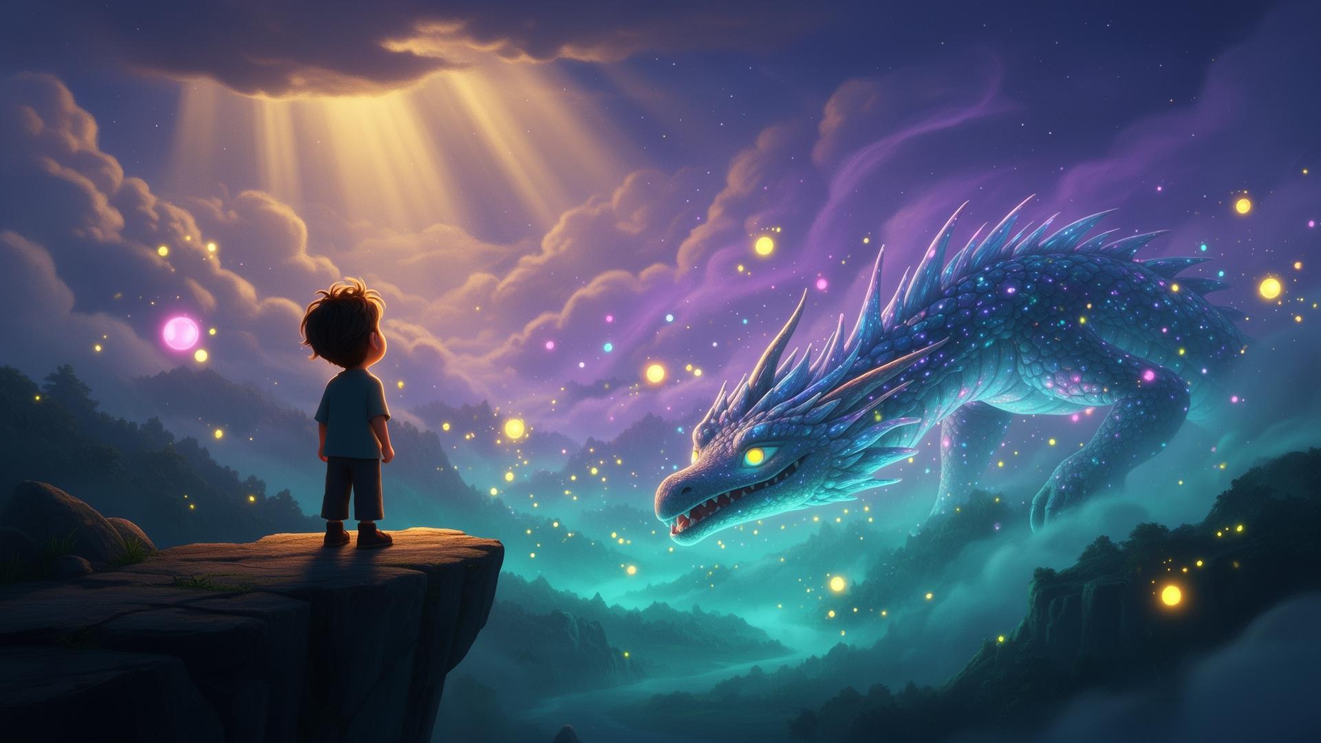 A child stands on a moonlit cliff watching a luminous dragon glide through a magical valley.