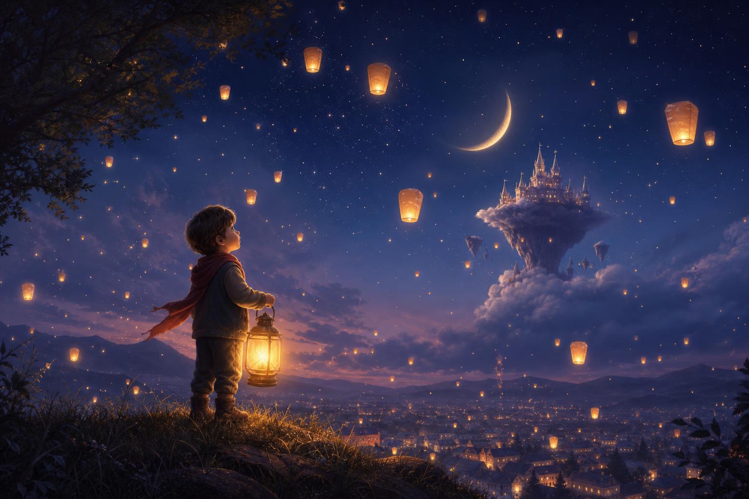 A child holding a glowing lantern beneath a magical night sky, a floating castle and a friendly star above.